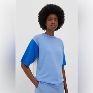Chinti and Parker Color Block Blue Wool-Cashmere Short Sleeve Sweater Size Small
